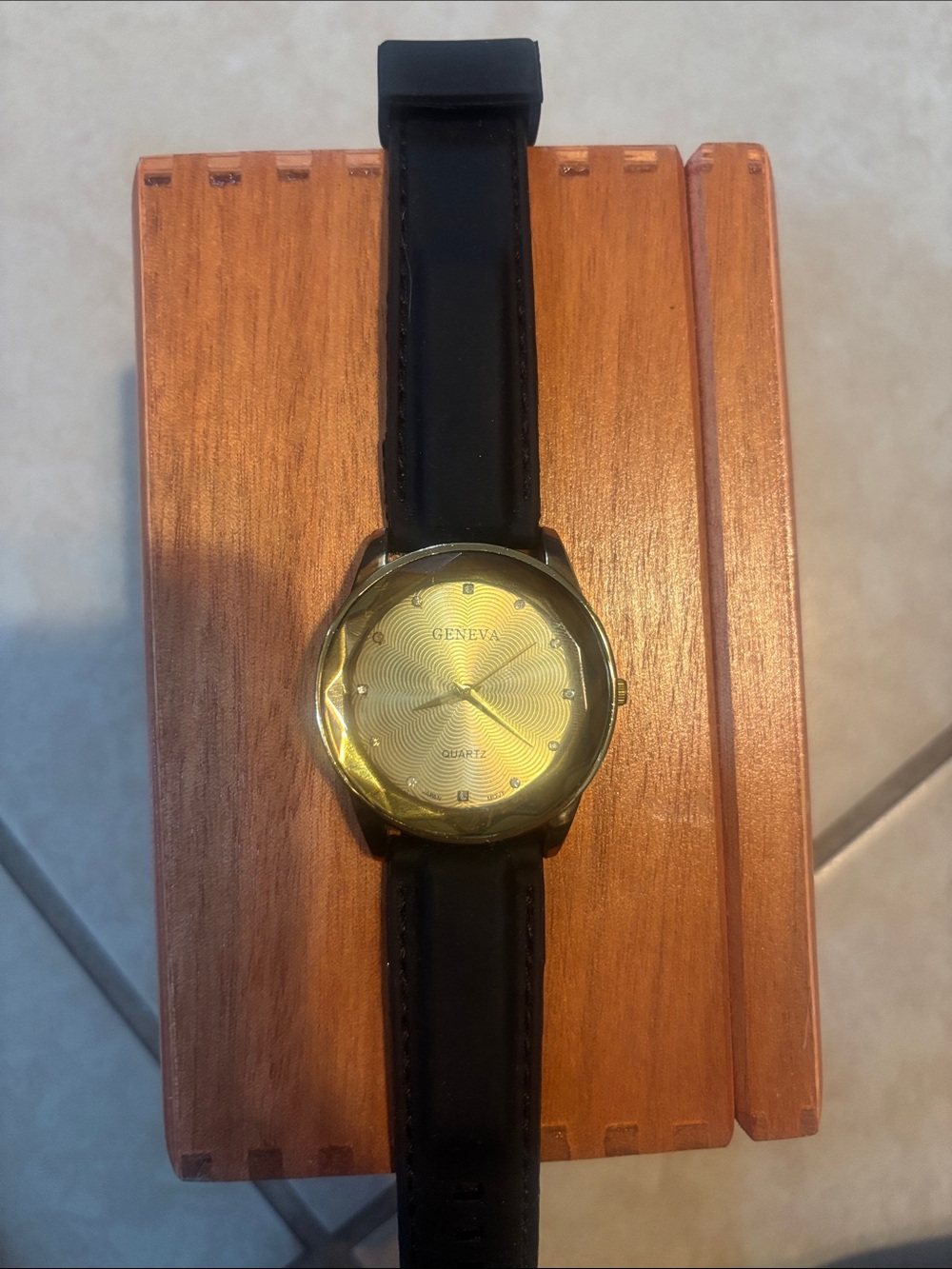 Geneva Gold Dial with Black Leather Strap Watch